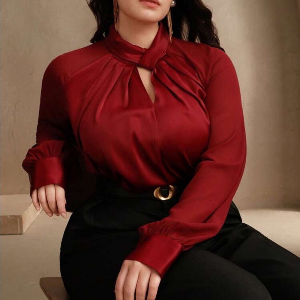 Elegant Long Sleeve Mock Twisted Neck Women Top Blouse Shirt BURGUNDY